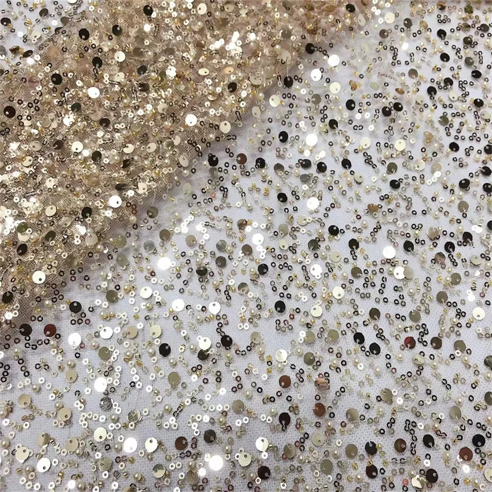 Description Picture 6 of item1yard Price Hot selling pearl sequin fabric mesh gauze stage dress performance dress evening dress wedding dress beaded fabric
