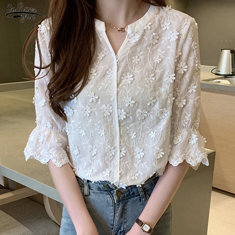 Blusa blanca de algodón puro con estereoscópico para mujer, camisa de manga corta, 2023|Blusa| - AliExpress