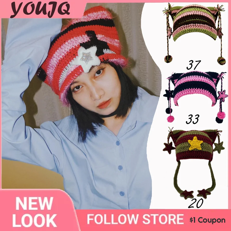 Y2K Bonnet En Tricot Avec Oreilles De Chat Pour Femme Et