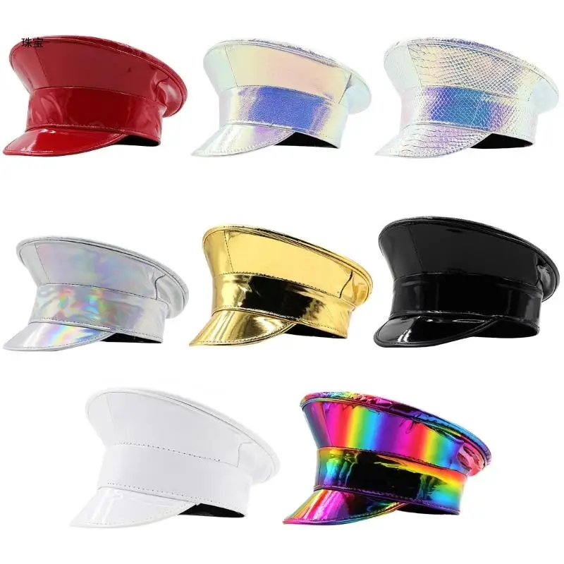 

X5QE Shimmering Captain Hat for Adult Glitter PatentLeather for Bachelorette Party Music Festival Carnivals Costume Hat