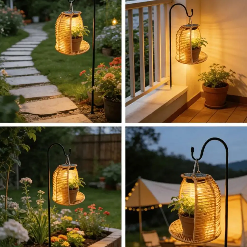 Hand-woven rattan solar lantern glowing warm amber light on a small patio corner