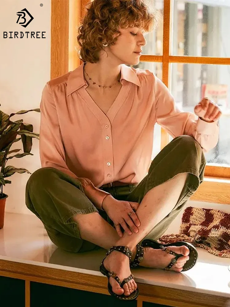 

Однотонные рубашки BirdTree с V-образным вырезом и длинным рукавом, женские рубашки из 90% натурального шелка 19 мм, деловые блузки, новый топ на весну 2024 года, T42111QM