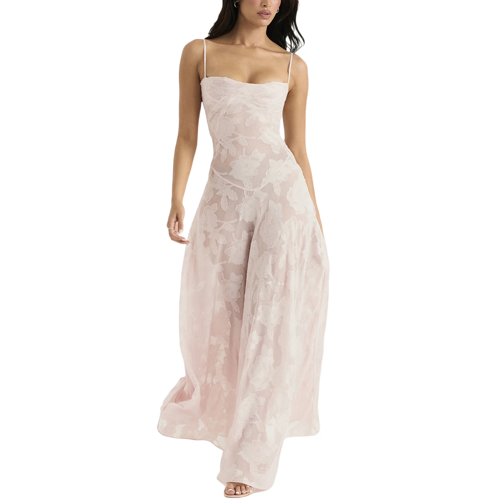 

Women Floral Lace See Through Sling Long Dress Ankle-Length Low Cut Spaghetti Strap Sleeveelss Backless Summer Beach Party Dress