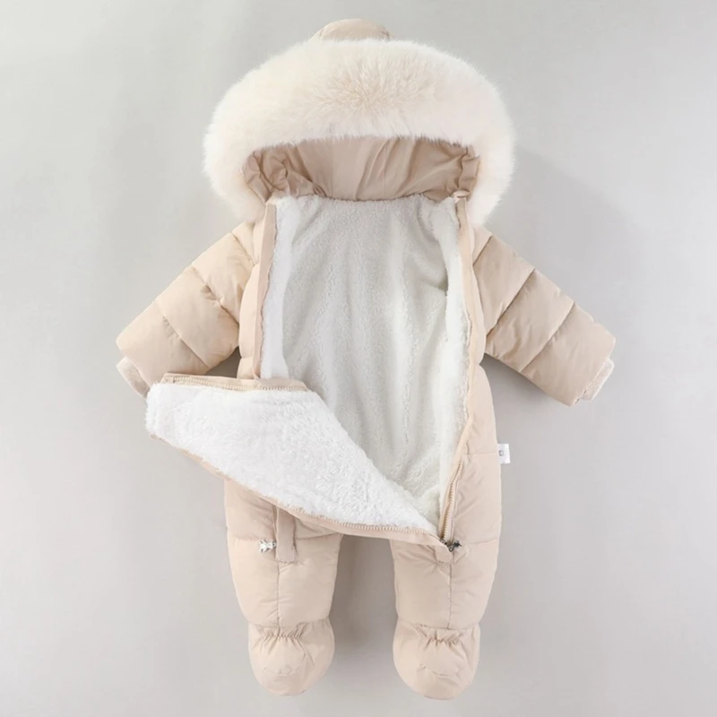Infant Winter Jumpsuit Comfortable Hooded Baby Romper with Removable Warm Gloves for 6 Months to 2 Year Girls Boys