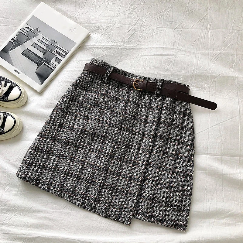 2023 high quality spring autumn grey natural wool stripes chic appliques corset tube top side slip mini skirt set lady High Waist Spring Sweet A-line Mini Skirts Korean Irregular Lady Wears Female Vintage Casual Women New Plaid Skirt Chic Sashes