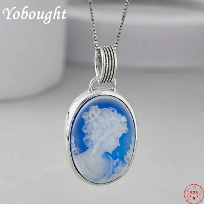S925 sterling silver charms pendants for women men new fashion oval blue agate GIRL'S head sculpture jewelry free shipping