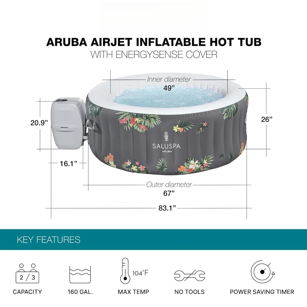 Large Round 2 To 3 Person Inflatable Hot Tub Portable Outdoor Spa with 110 AirJets and EnergySense Cover, Bathtubs 3