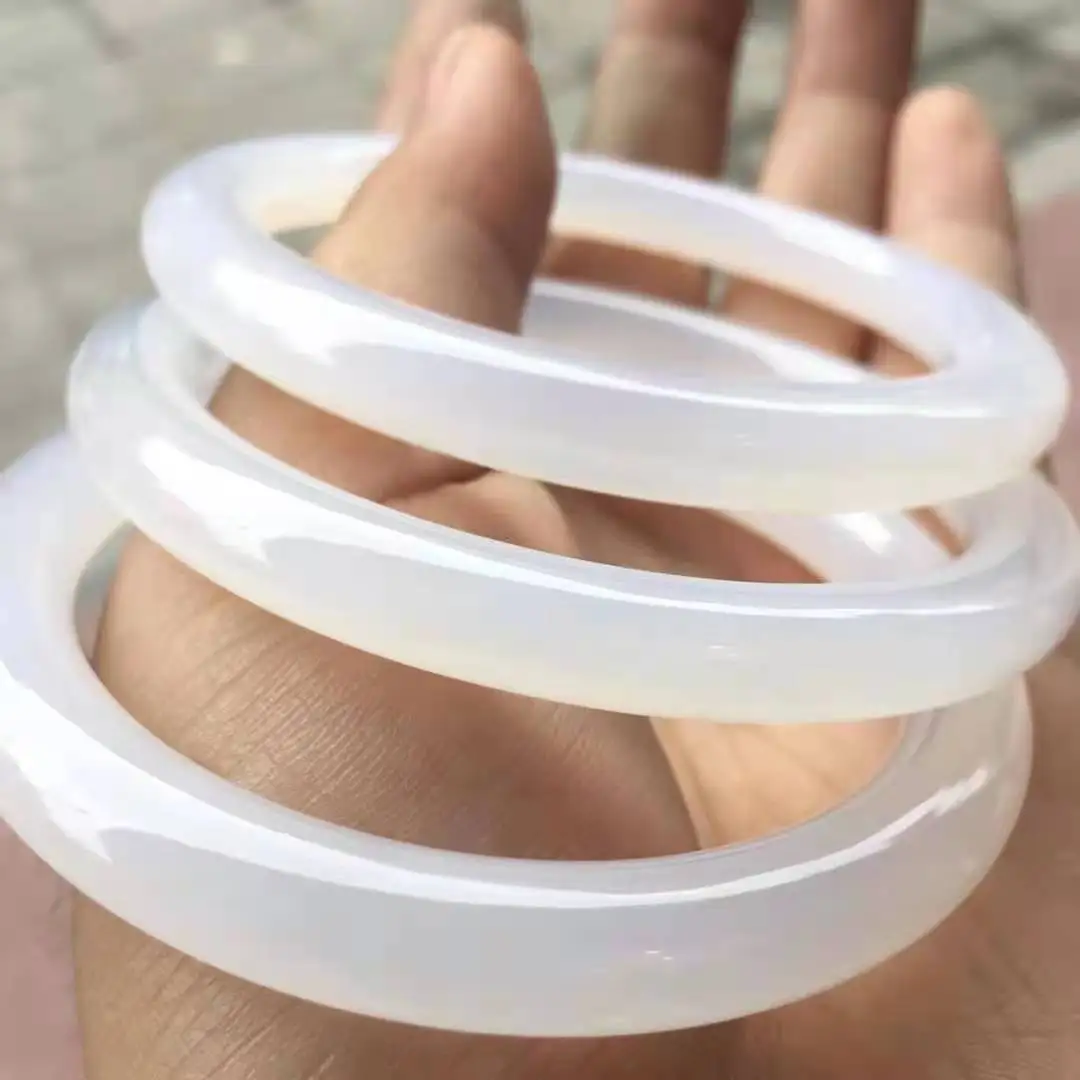 Natural Chalcedony White Women Circular Handcarved Jade Bangles Agate Bracelet Jadeite Jewelry Accessories
