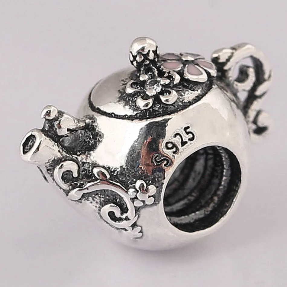 

S925 Sterling Silver Bead fit Women Bangle Bracelet Enchanted Tea Pot Flower Charm Girl Birthday Gift
