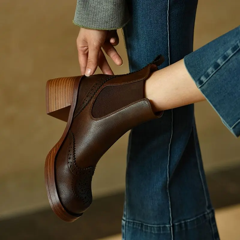 

Women Ankle Boots Autumn Winter Cowhide Ladies Warm Shoes Women Chelsea Boots Slip On Thick Heel Brogue Shoes Retro Stylel