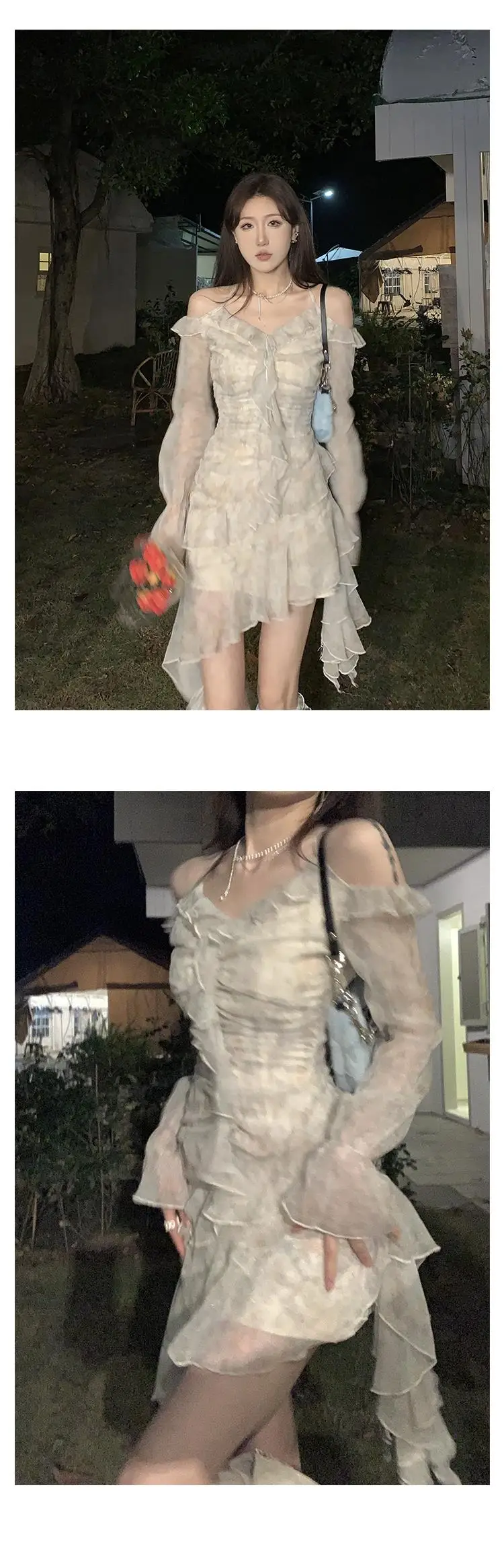 Y2K Ruffles Irregular Short Dress Women Summer New Tie Dye Flare Sleeves Spring Elegant Party Dress Prom Robe Halter Vestidos