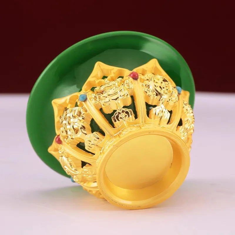 Golden Tibetan Ghee Bowl Zinc Alloy Tantric Holy Water Cup 8.5 cm Engraved Buddhist Green Stone Bowl Gift Desktop Decorative 3