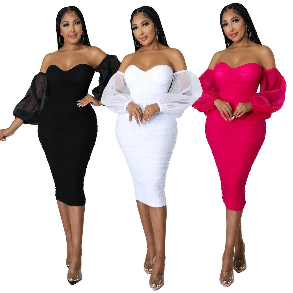 

2023 New Autumn Women's Tight Mesh Fold Long Sleeve Solid Color Dress