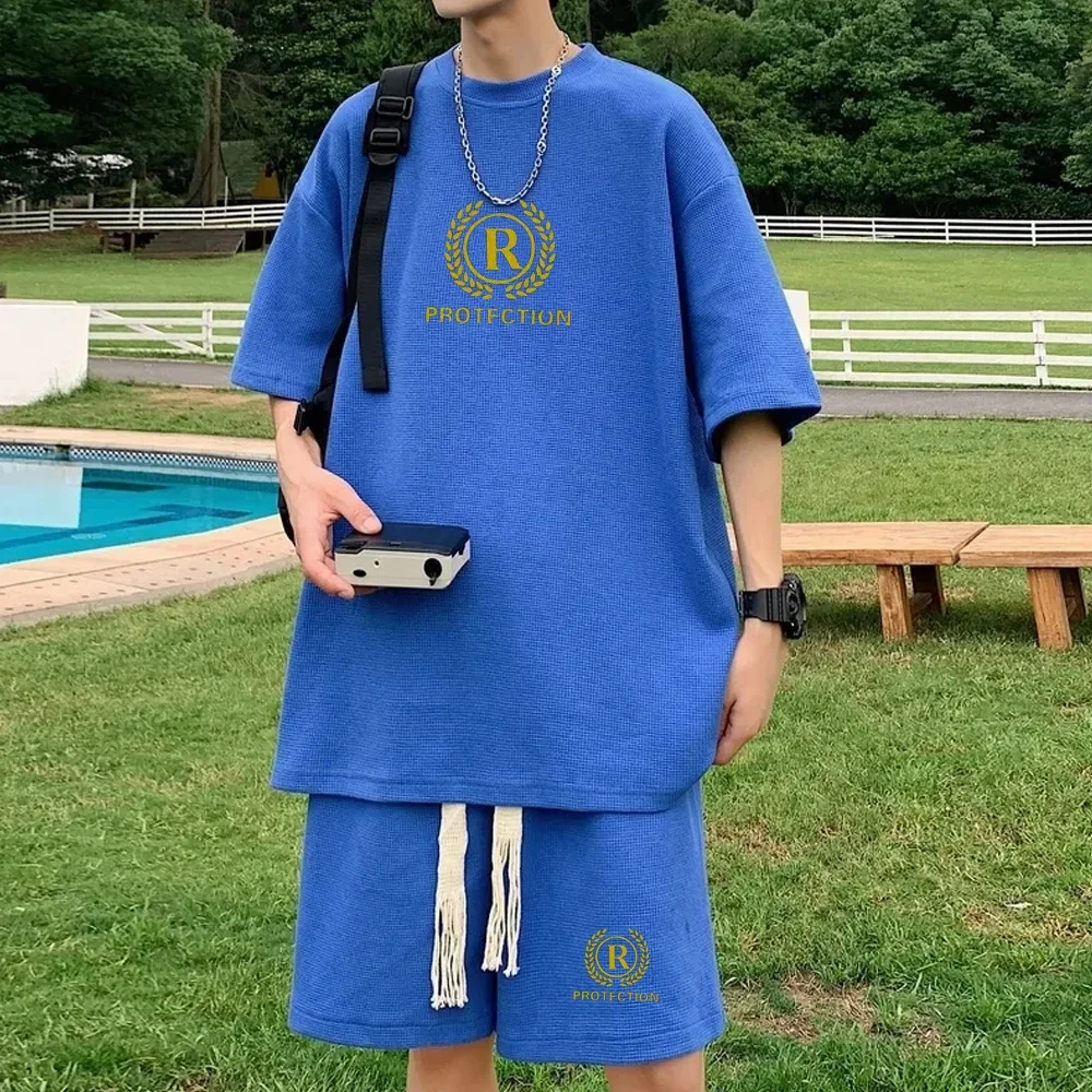 thumbnail image 1 of Conjunto de verano para hombre, camiseta con estampado de gofres, pantalones cortos, traje, diseño de marca elegante, pantalones deportivos de moda, conjunto de 2 piezas, 1 of 5