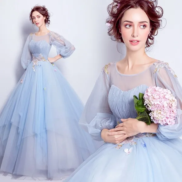 

2024 New Palace Style Blue French Fairy Long Sleeved Performance Annual Party Dress, Large Display Fluffy Skirt