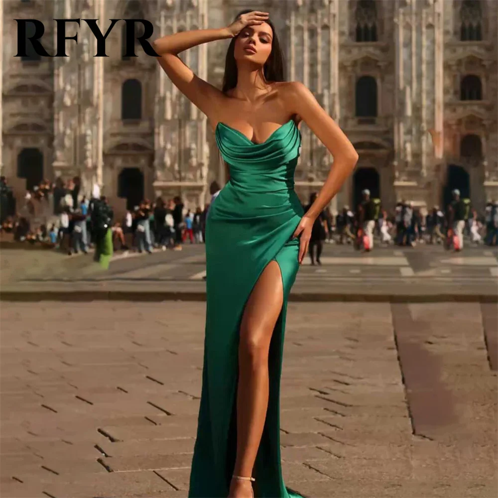 

RFYR Pleat V Neck Green Prom Dresses Sexy Mermaid Evening Dresses Sleeveless Side Split فساتين مناسبة رسمية Stain Prom Gowns