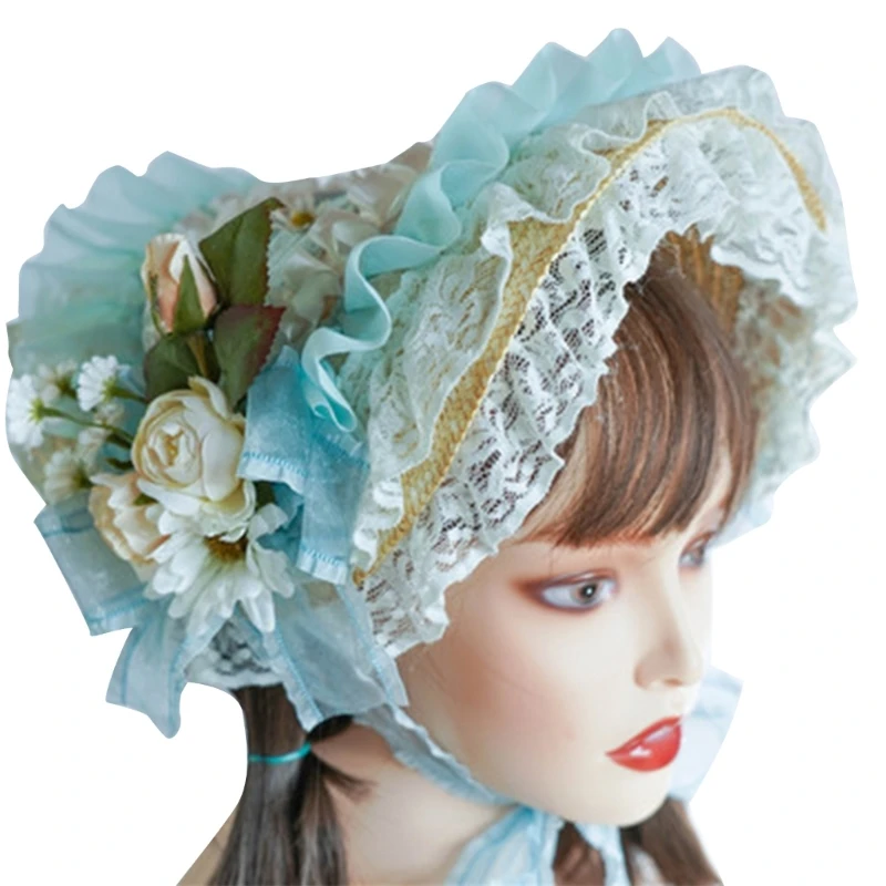 

Teas Party SunHat Lace Fascinators For Women Lolit Straw Hat Victorian Bonnet Victorian Headdress Floral Straw Hat
