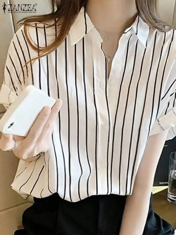 

ZANZEA Woman Elegant Blouse Summer Stylish Stripe Printed Shirt Femme OL Work Vintage Chemise Half Sleeve Lapel Neck Shirts 2023