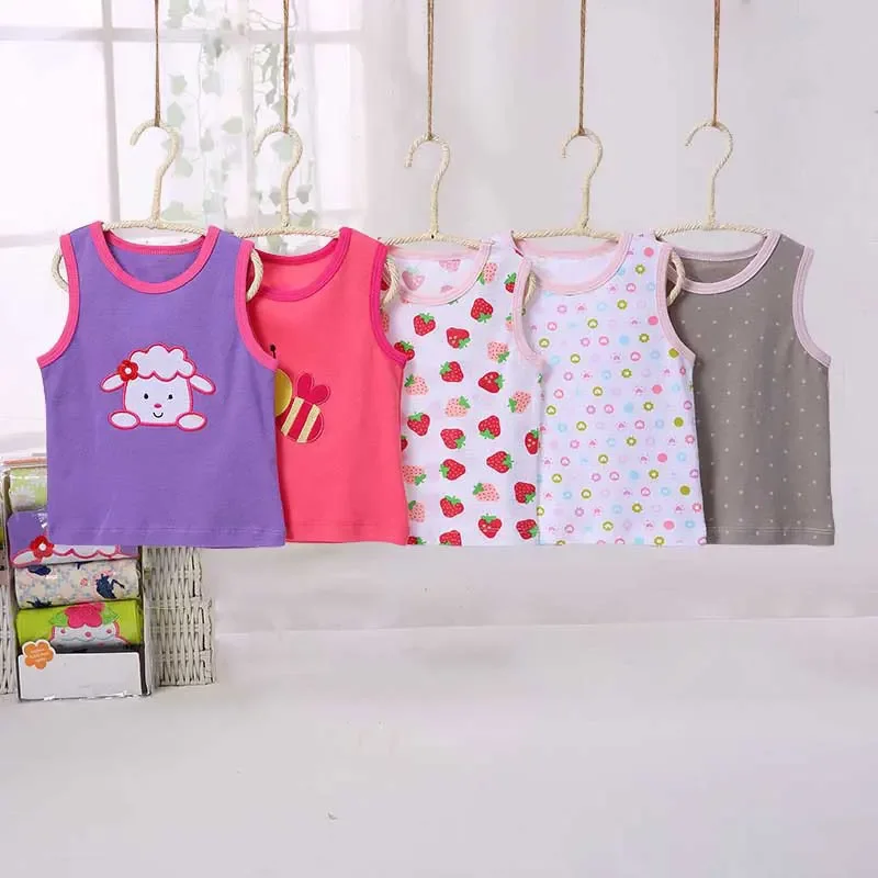 [5Pcs/lot Random Color]Baby Girl Tops Cartoon Print Infant Girls Vest T Shirt Cotton Sleeveless Newborn Boy T-shirt Summer Vest 3