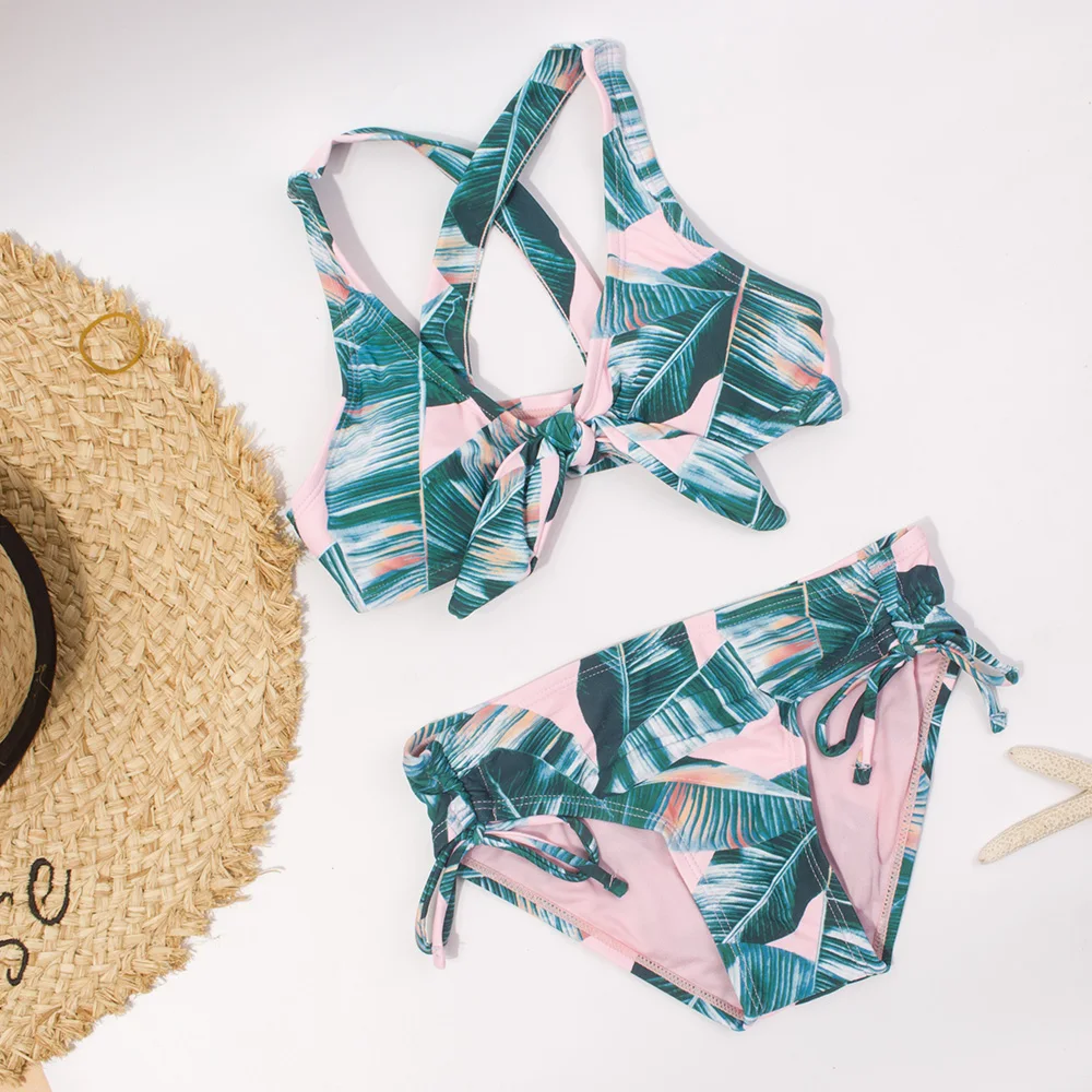 Leaf Print Bandage Girls Kids Swimwear Swimsuit 7-14 Years Falbala Children Bikini Set Summer Beach Baby Biquini Infantil