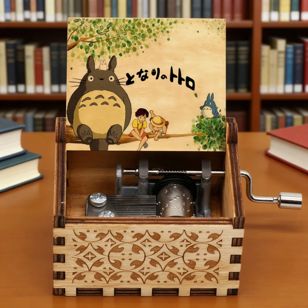 Whimsical Wooden Hand Crank Music Box - Vintage Anime-Inspired Engraved Keepsake and Home Decor Gift