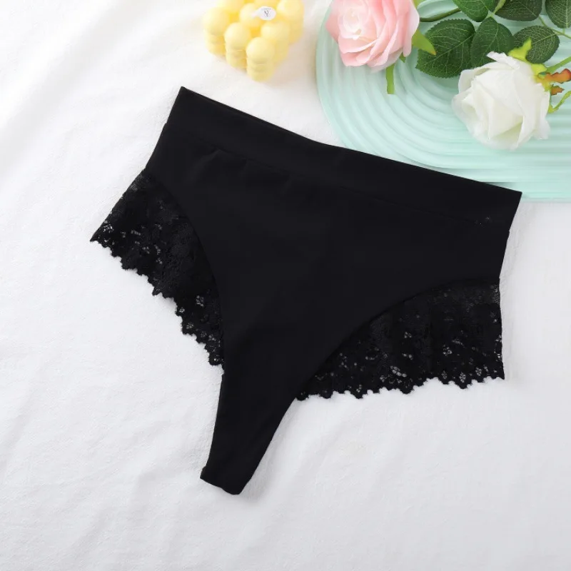 Women's High Waist Panties Sexy Underpants Spliced Lace Lingerie Bowknot Cotton Crotch Thongs Perspective Solid Color Underwear