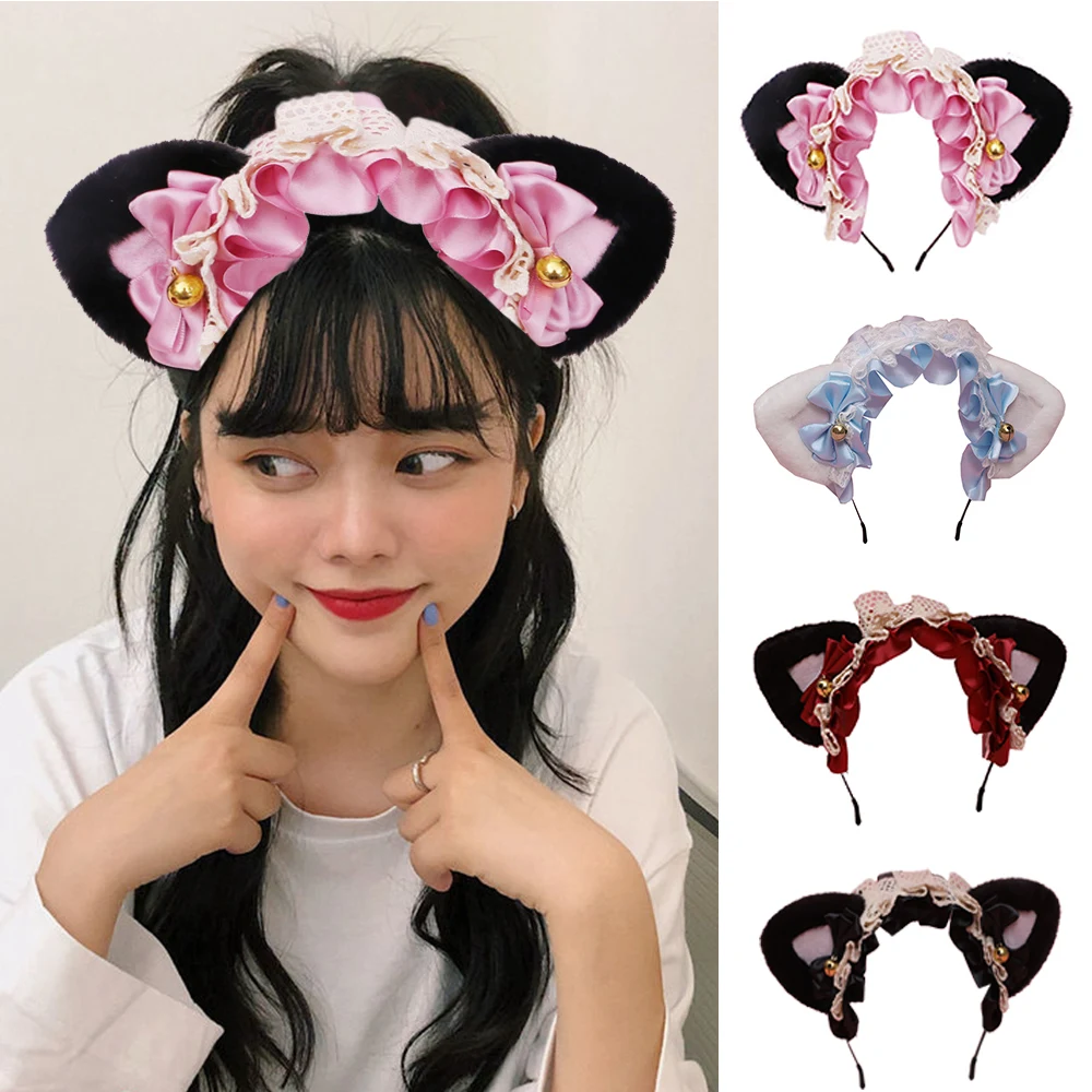 

Fluffy Lolita Cosplay Headband Plush Lace Cat Ears Hairband Anime Party Costume Bow Tie Bell Christmas Halloween Accessories