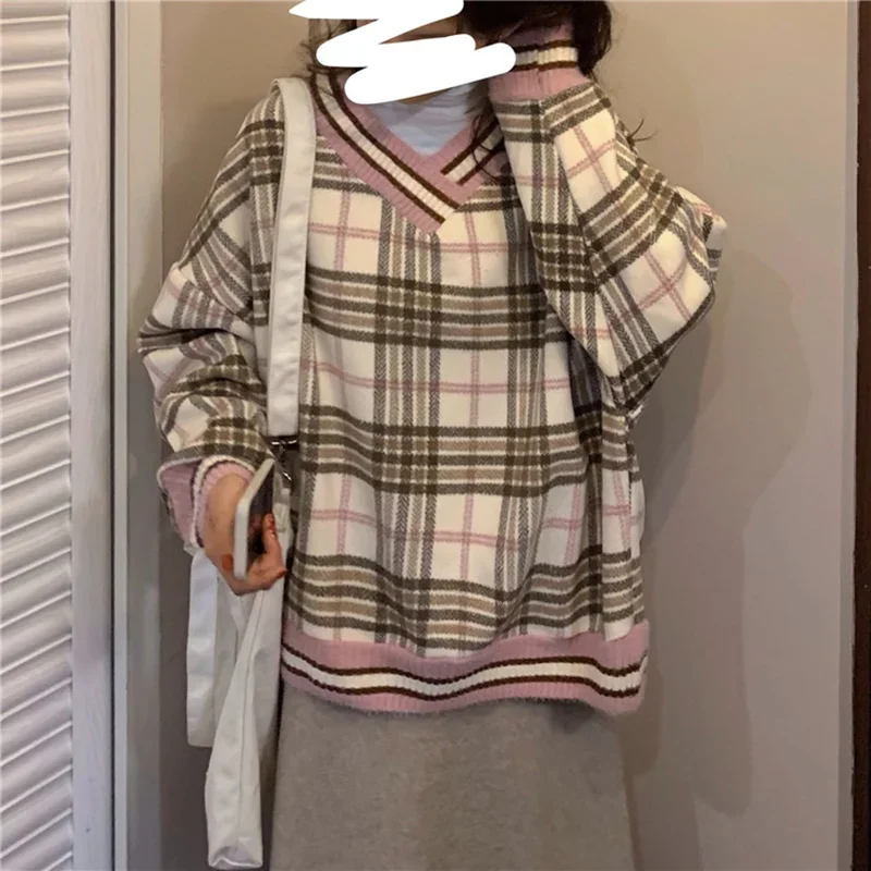 Women's V-Neck Long Sleeve Plaid Sweet Sweatshirt Tops 2024 New Loose Retro Korean Pullover Female College Style Lazy Jumper Ins