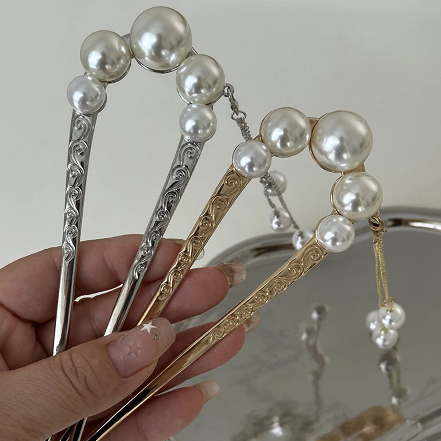 

1PC Retro Chinese Hanfu Dress Antique Hairpins U Shape Pearl Tassel Hair Clips For Women Pendant Hair Stick Hair Accessories
