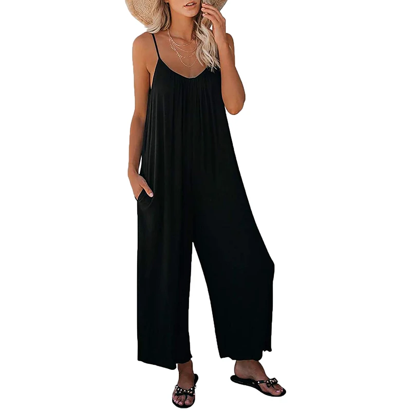 Women's Loose Sleeveless Jumpsuits Adjustable Spaghetti Strap Stretchy Long Pant Romper Jumpsuit with Pockets new women cargo overalls casual loose solid rompers jumpsuit streetwear tie up sleeveless solid loose long pants with pockets