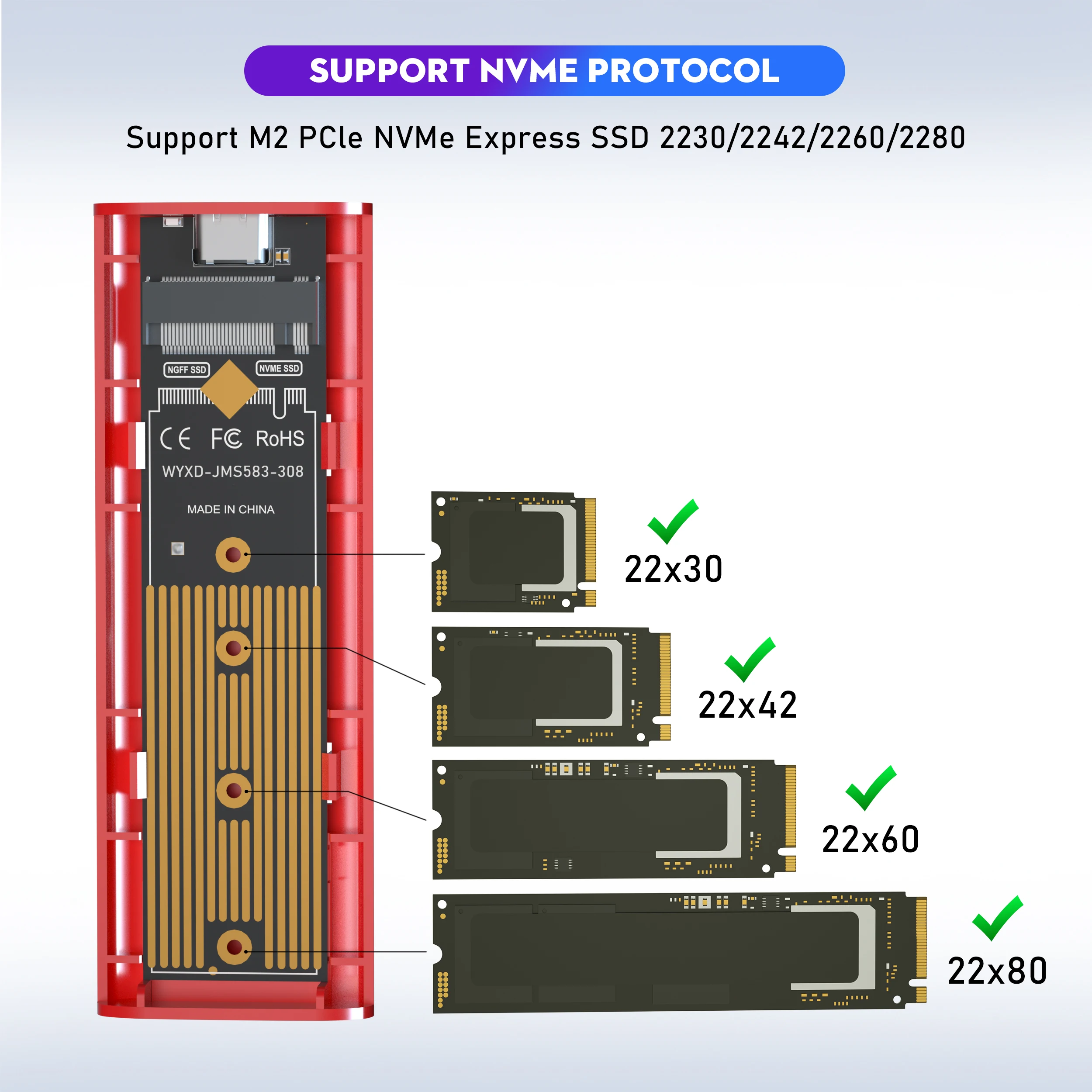 M2 NVMe SSD Enclosure 10Gbps SSD Box M.2 NVME NGFF SATA to USB 3.1 Enclosure Tool Free External Adapter Type-C Cable