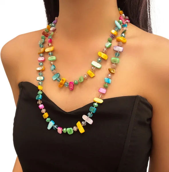 Collier bohème Vintage en pierre naturelle irrégulière pour femmes, perles de cristal faites à la main, Double couche, longue chaîne de pull, bijoux cadeau