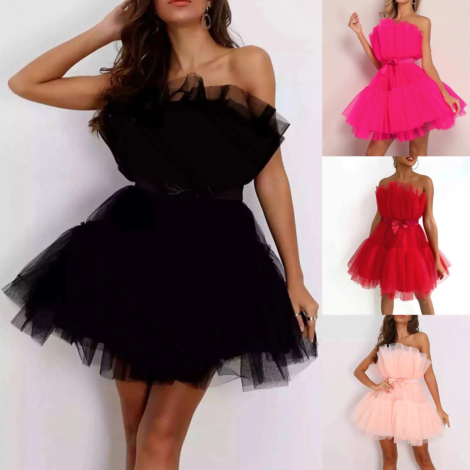

Tulle Dress Women Short Puffy Prom Dress Strapless Mesh Birthday Fairy Dresses Ruffle Cocktail Party Evening Gown Photoshoot