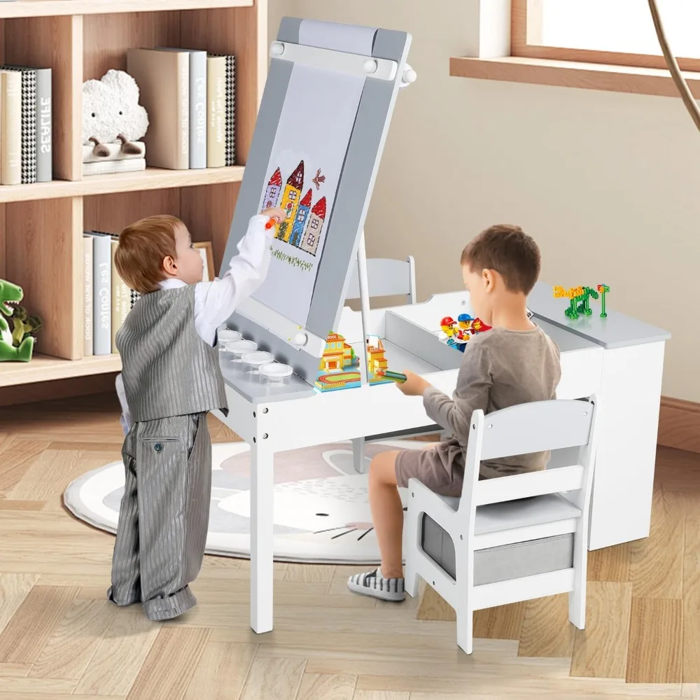3 in 1 Kids Art Table & Easel Chair Set, Wood Children Activity Table, 6 Storage Bins, Paper Roll, Paint Cups, Playroom