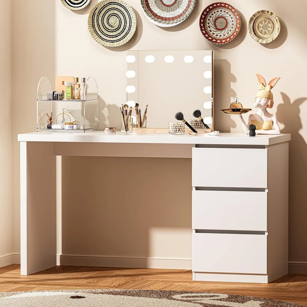 White Desk with Drawers, 47'' W Home Office Computer Desk Gaming Table, Modern Vanity Desk with Storage, Wood Writing Workstati 5