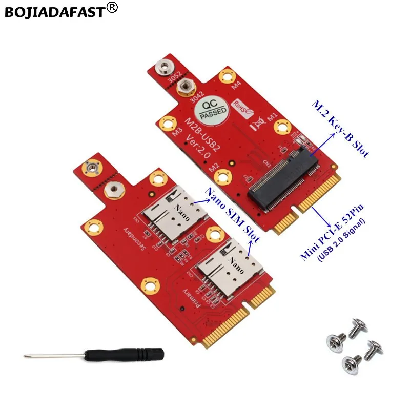 

Mini PCI-E (USB 2.0 Signal) To NGFF M.2 B-Key Wireless Adapter Card With 2 Nano SIM Slot For 5G 4G 3G LTE GSM Modem Module