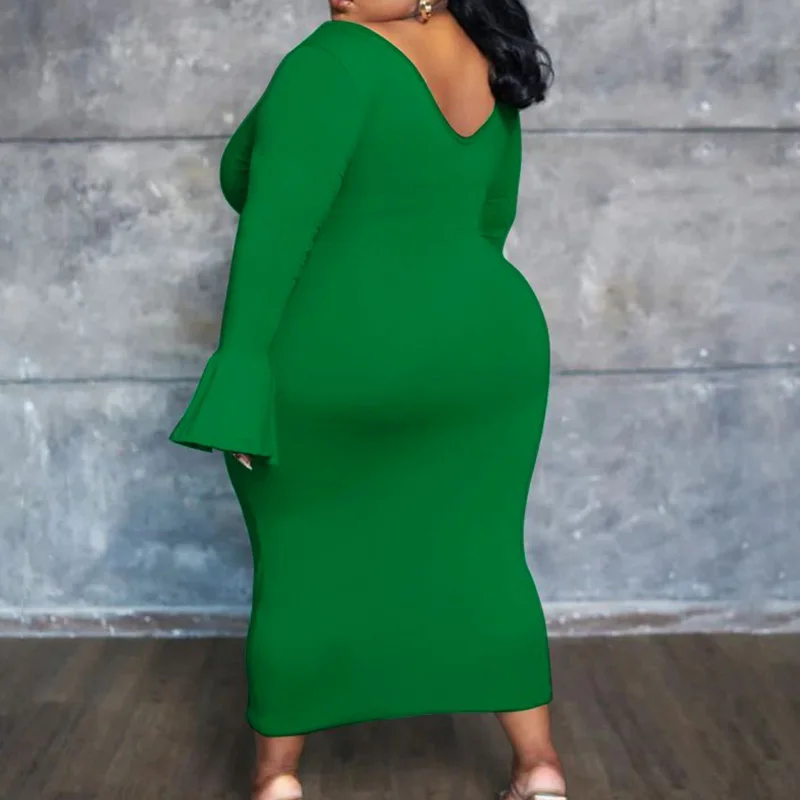 Simplicity Women's Clothing Deep V-Neck Solid Color Flare Long Sleeve Dress Autumn Fashion Casual Plus Size Slim Midi Dresses