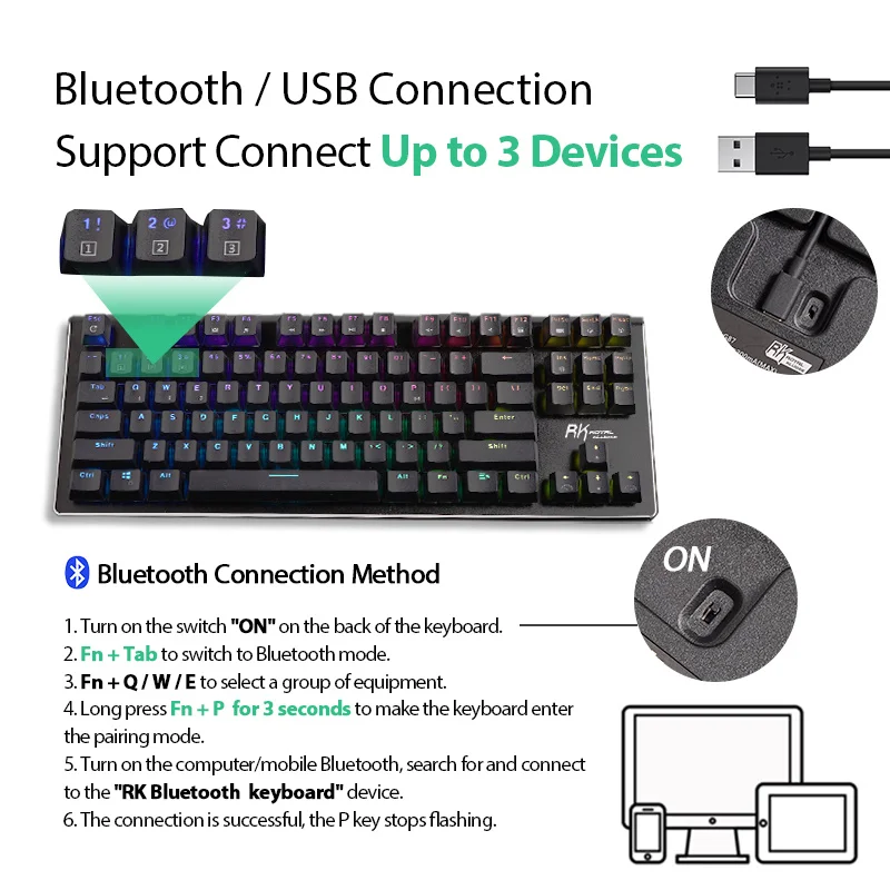 digital keyboard computer RK Royal Kludge Original RKG87 TKL Wireless Mechanical Gaming Keyboard with RGB Backlight 1800mAh Battery Dual Mode Bluetooth touch keyboard for pc