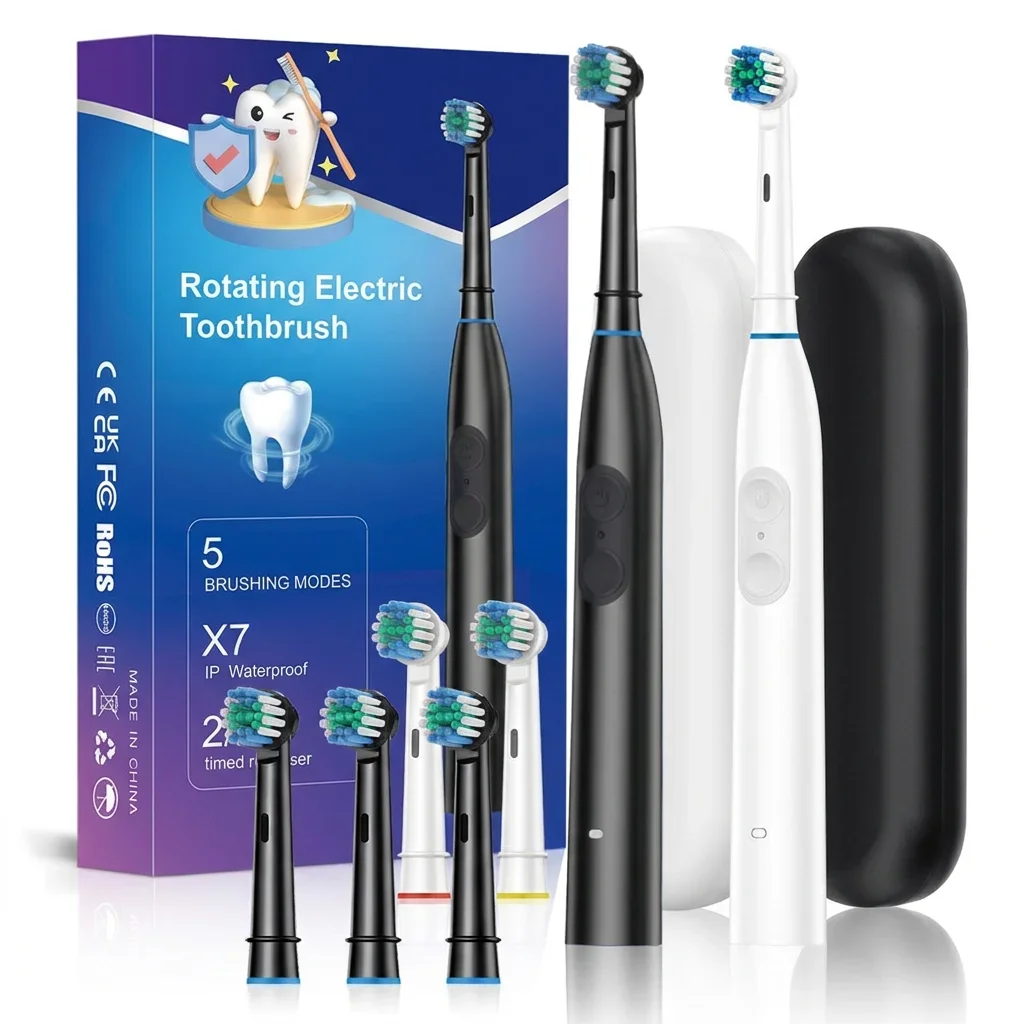 Rechargeable Oscillating Electric Toothbrush for Adults - 5 Modes, Waterproof, with 4 Brush Heads