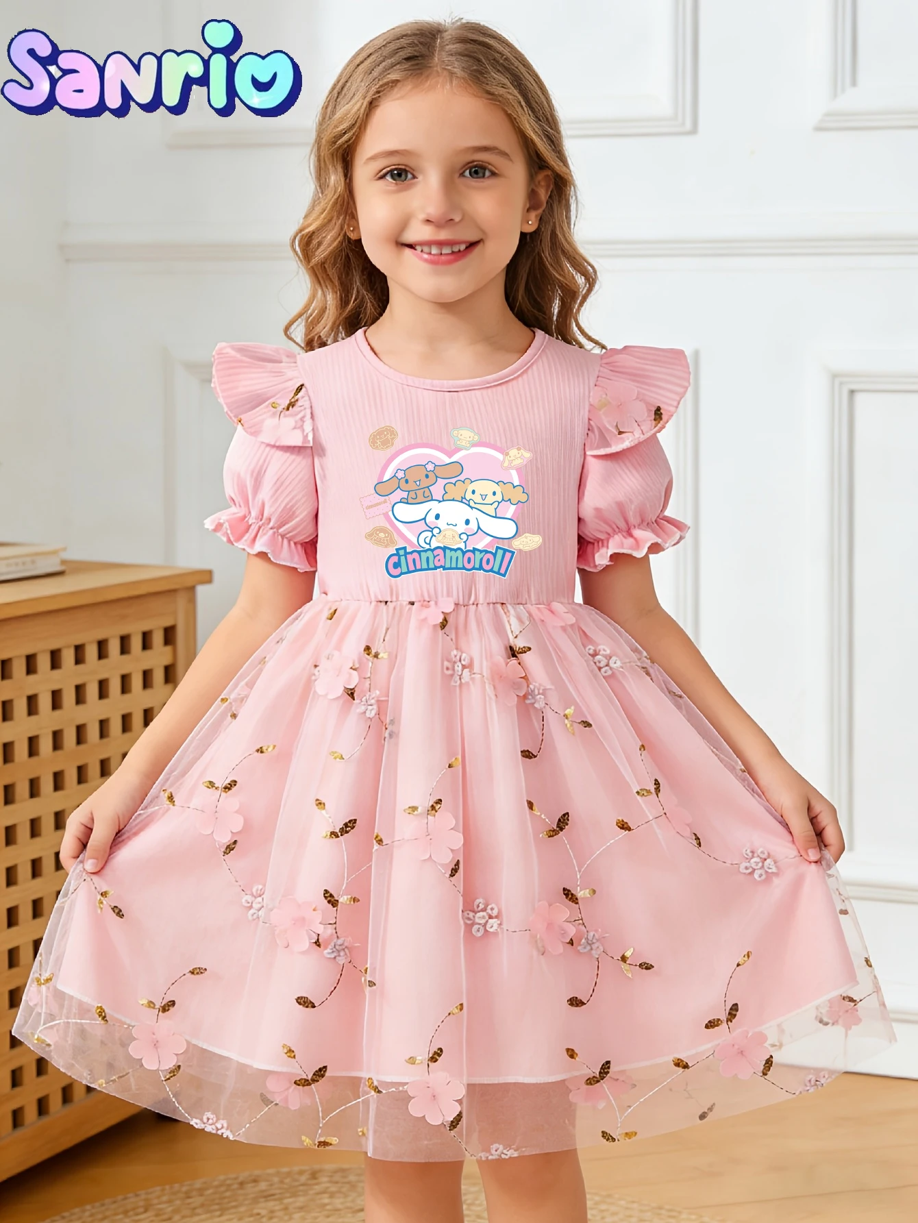 Sanrio Cinnamoroll Mädchen Prinzessinnenkleid, Sommer Rosa Tüll Puffrock, Kinder Süßes Blumenprint-Kleid