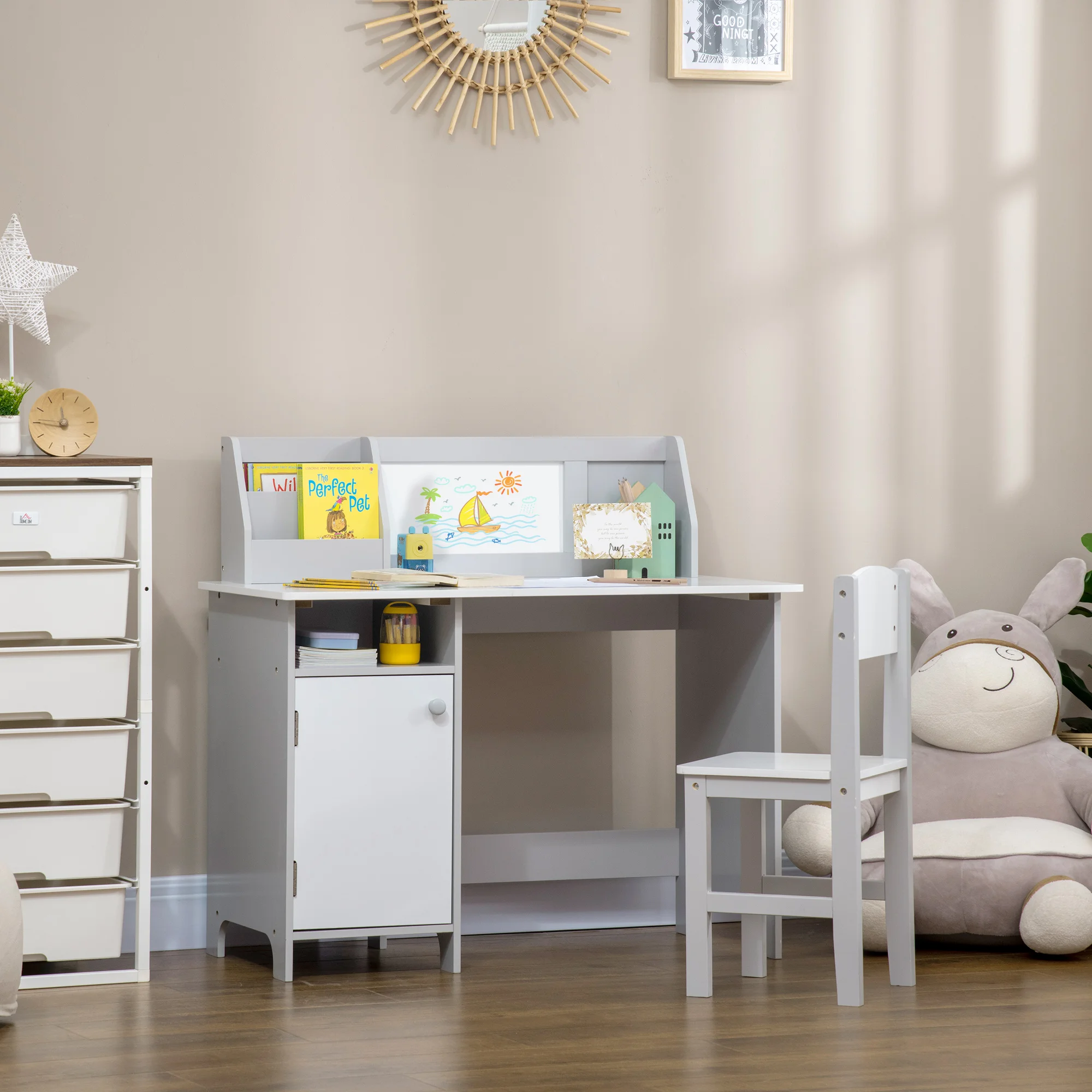 2 Pieces Kids Table and Chair Set with Whiteboard Multiple Storage Spaces, Grey 2