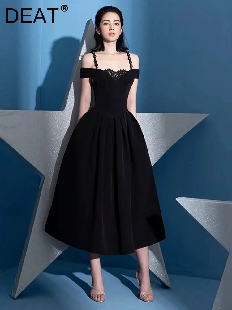 

Женское кружевное вечернее платье DEAT, платье в стиле пэчворк с открытой спиной и вырезом лодочкой, платье с высокой талией, лето 2024, новая модель 13DB3813