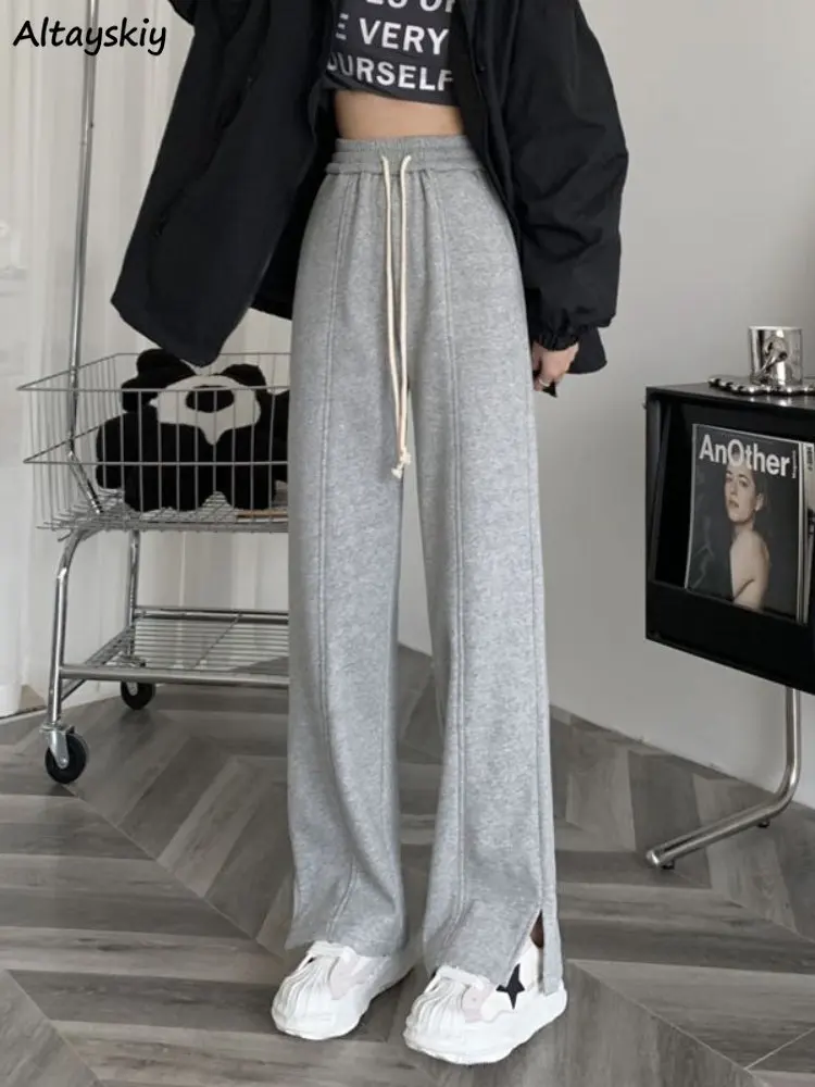 

Casual Wide Leg Pants Women Slit Design Sporty New Preppy Style Chic Students High Waist All-match Simple Comfortable Daily Soft