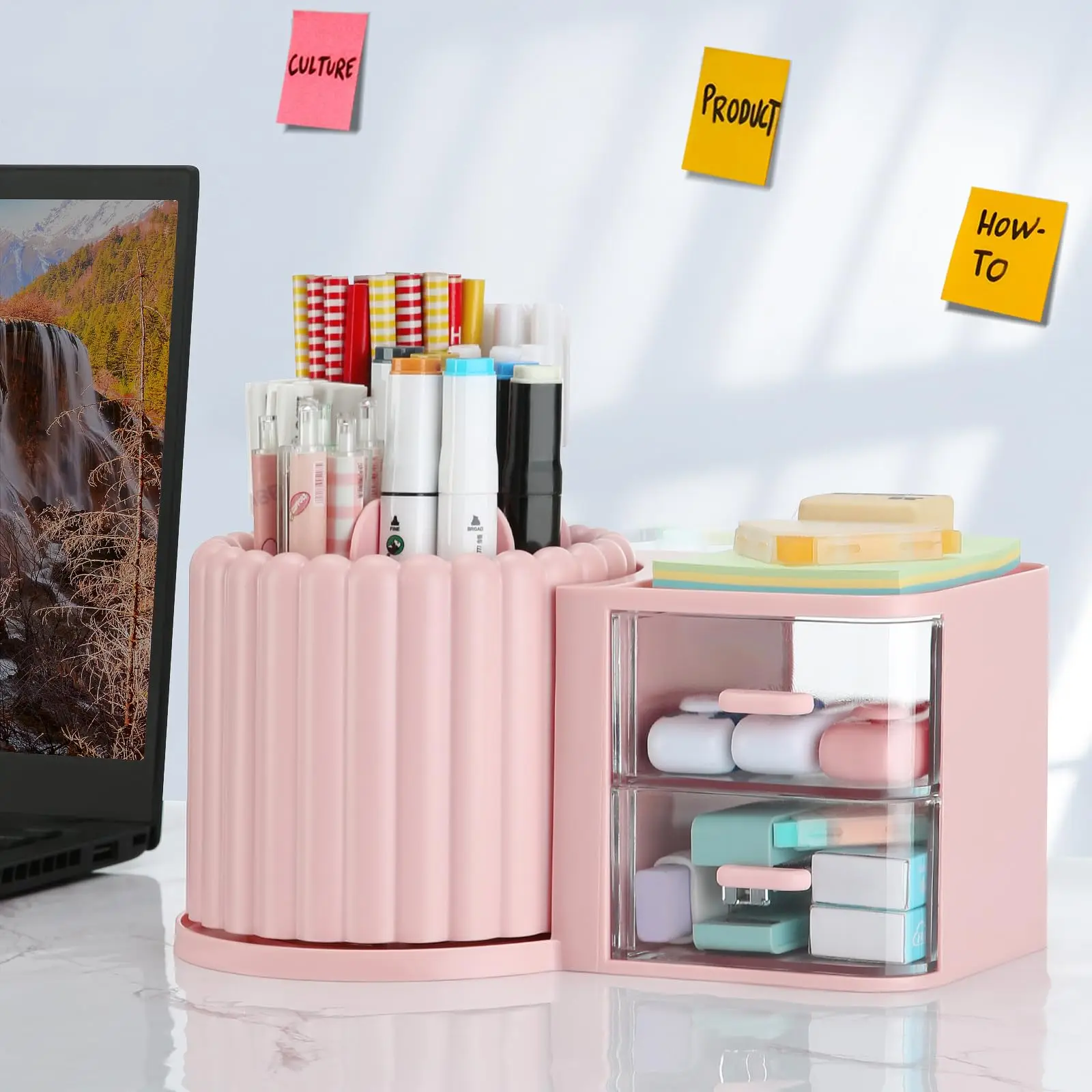 Rotating Office Desk Organizers and Accessories with 2 Drawer, Pencil Holder for Desk, Office Home Art Supplies 3