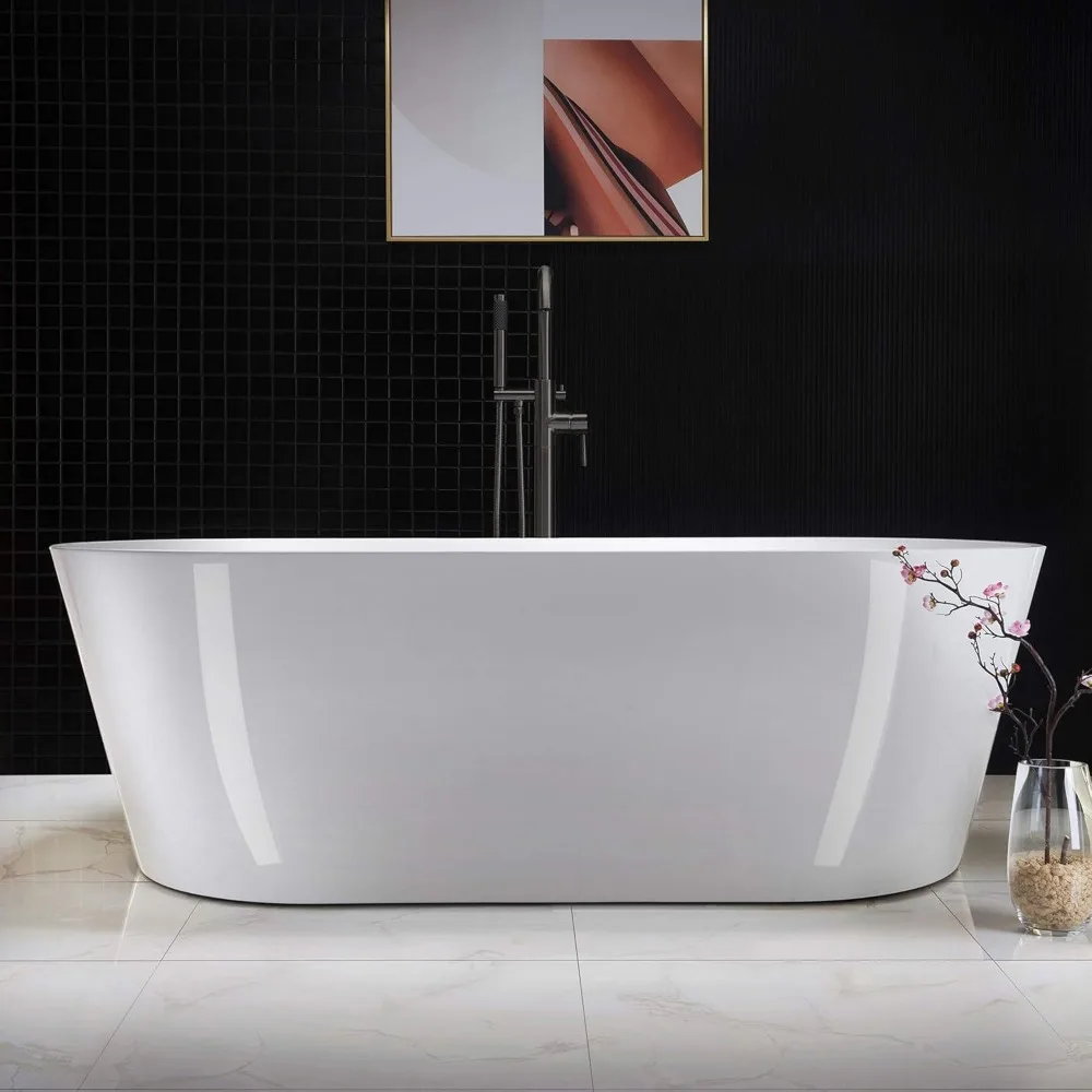 71" Acrylic Freestanding Bathtub Contemporary Soaking White Tub with Matte Black Overflow and Drain 3
