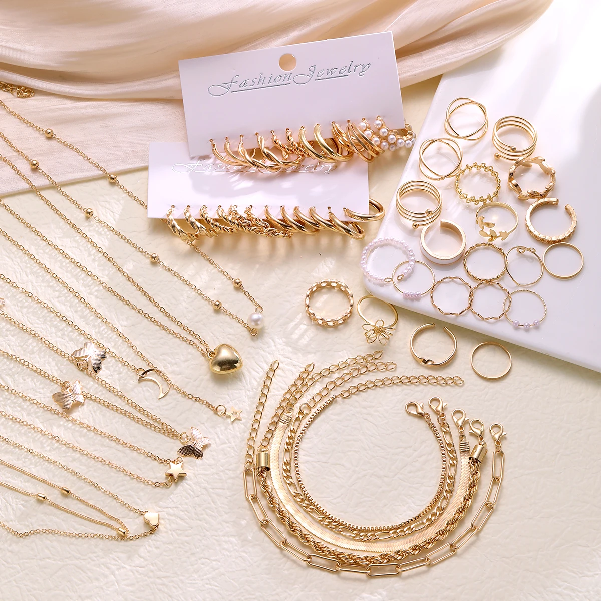 New 44 Pcs Boho Jewelry Sets for Women Fashion Vintage Heart Zircon Pearl Metal Earrings Necklaces Bracelets Ankles Rings Gifts