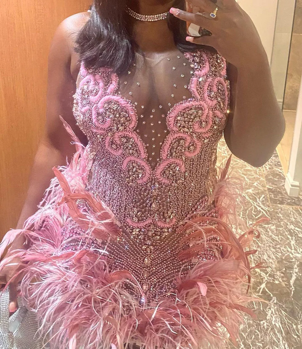 

Black Girl Birthday Dress Short Prom Dresses 2023 Luxury Handmade Beads Crystals Cocktail Party Gowns With Feathers