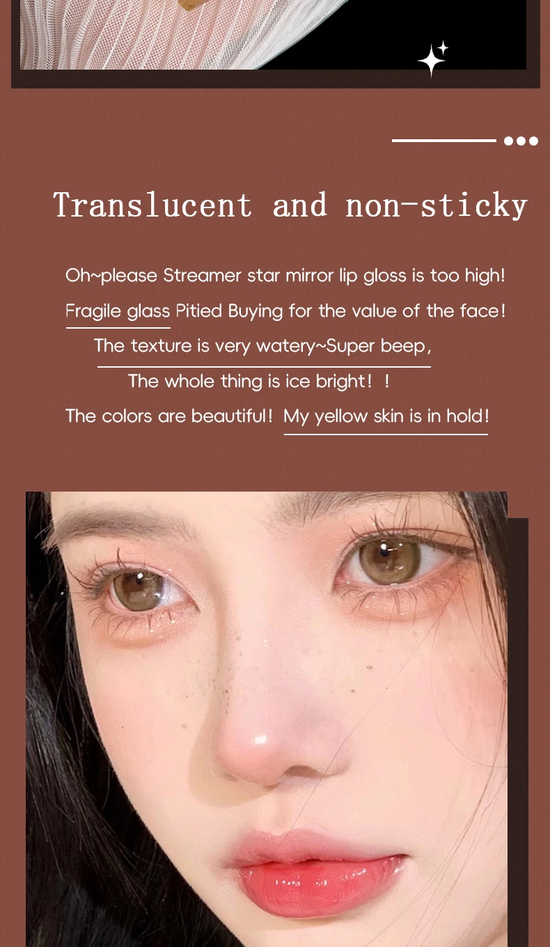 Description Picture 3 of item6 Color Water Lip Glaze Mirror Gloss Natural Lasting Hydrating Moisture Not Easy To Take Off Makeup Liquid Lipstick