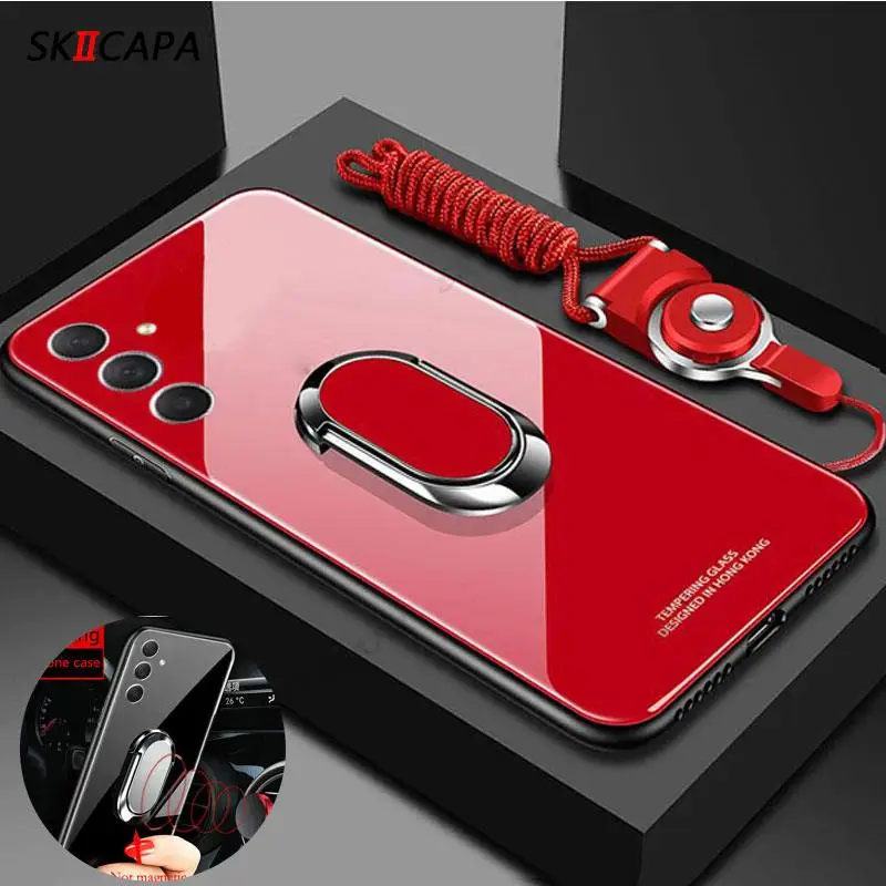 Enhanced Glossy Glass Shockproof Case with Magnetic Ring Holder and Soft Edges