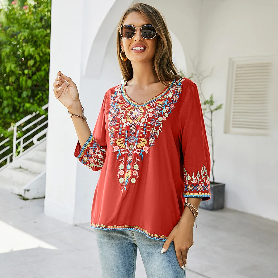 KHALEE YOSE Floral Embroidery Blouse Shirts Boho Vintage Chic Mexican Autumn Blouse 2xl 3xl Ethnic Hippie Women Shirt Blouse 2